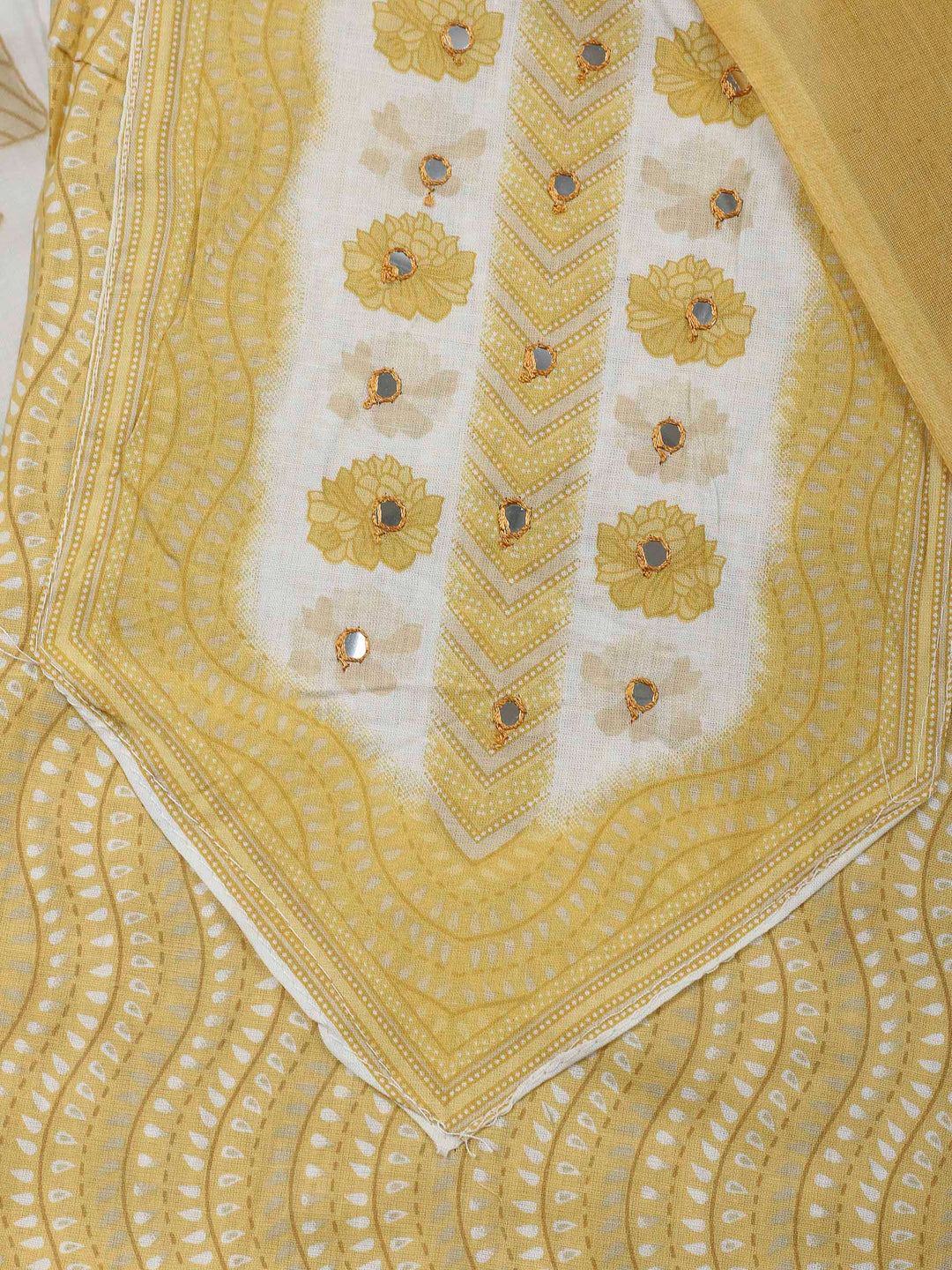 Yellow Printed Cotton Blend Unstitched Dress Material