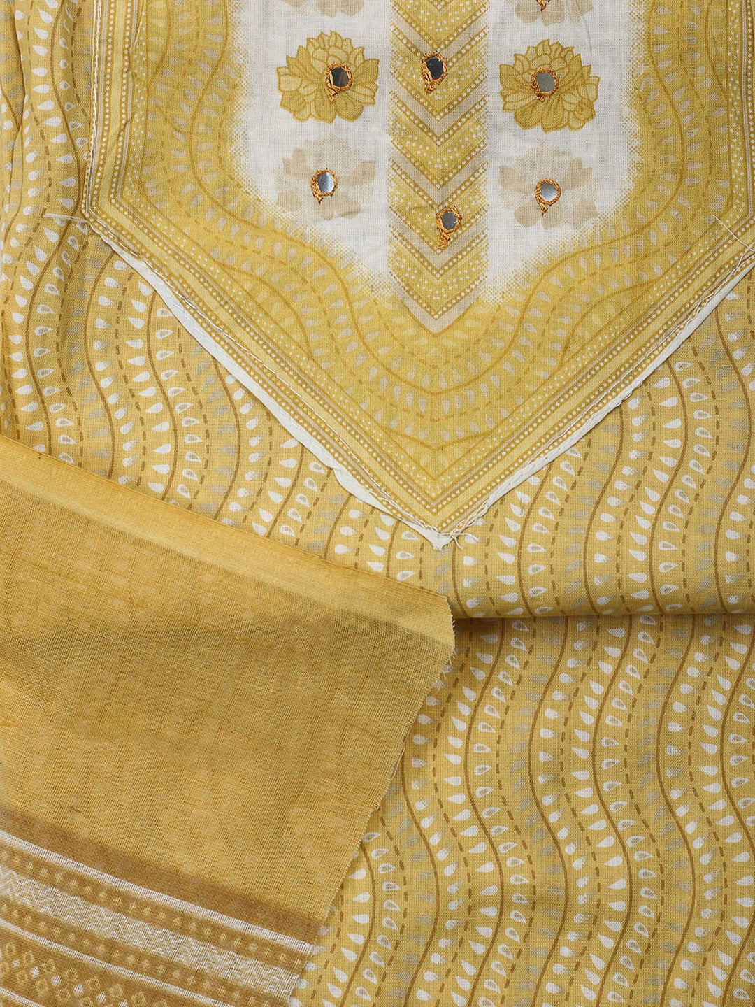 Yellow Printed Cotton Blend Unstitched Dress Material