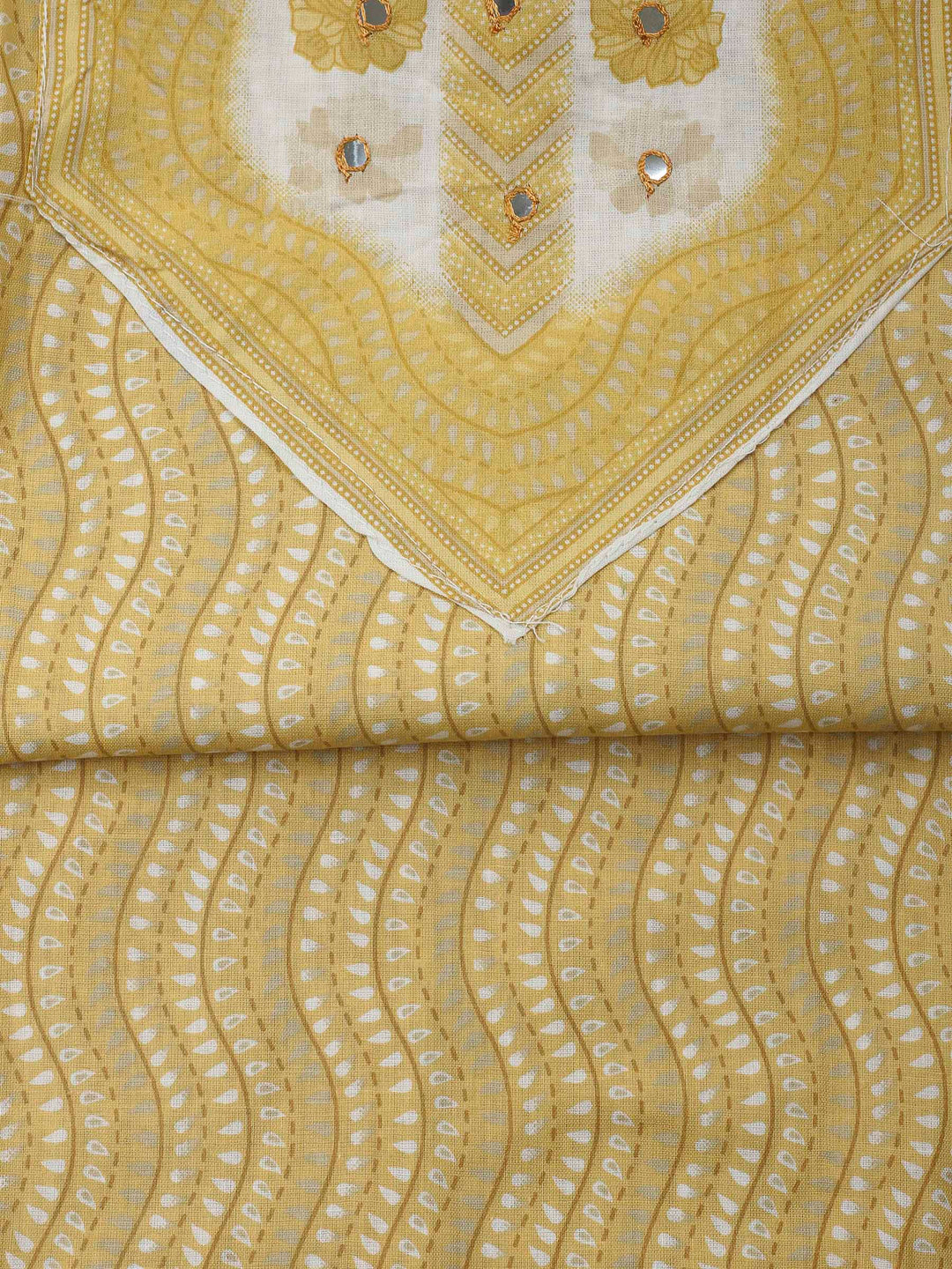 Yellow Printed Cotton Blend Unstitched Dress Material