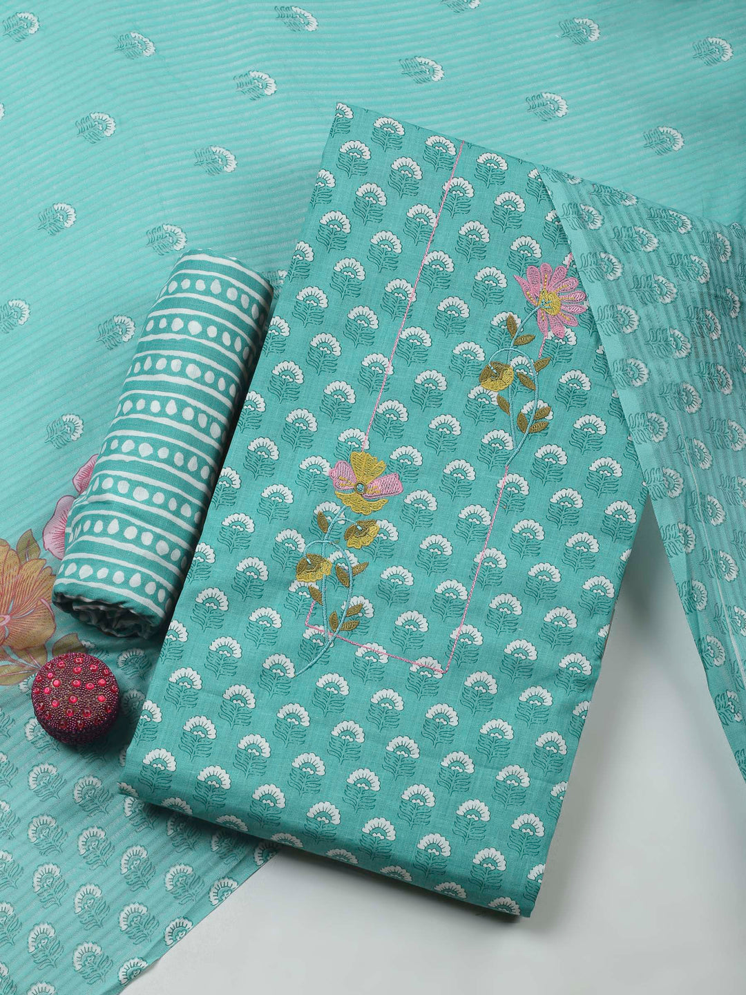 Aqua Green Printed Cotton Blend Unstitched Dress Material