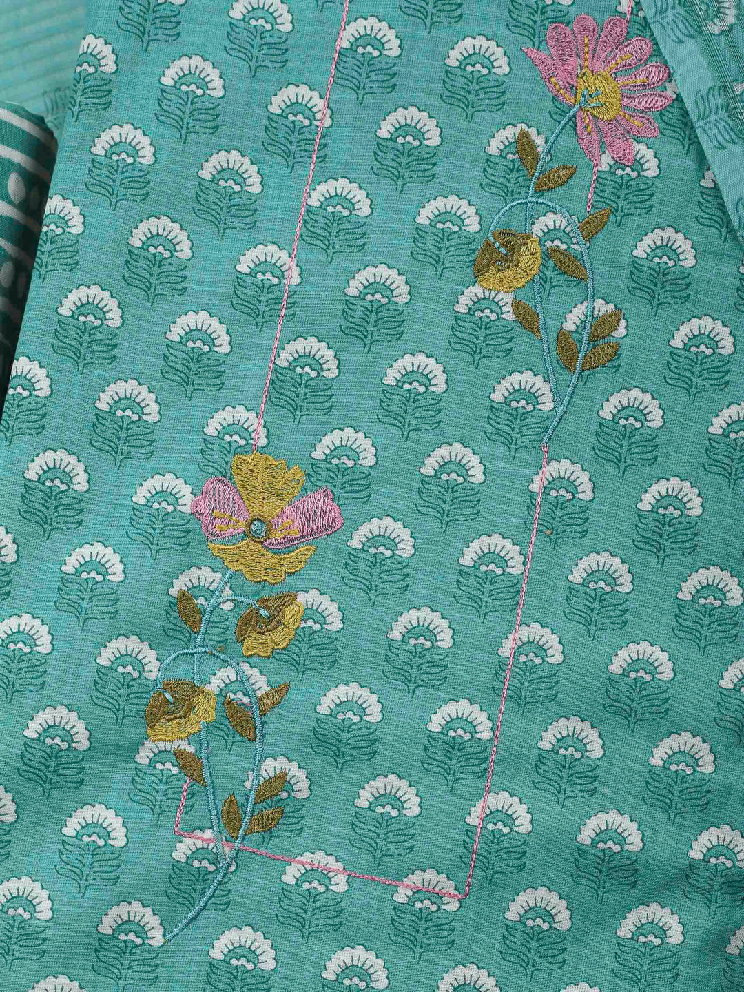 Aqua Green Printed Cotton Blend Unstitched Dress Material