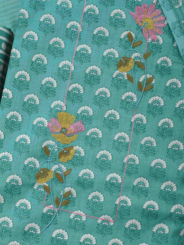 Aqua Green Printed Cotton Blend Unstitched Dress Material