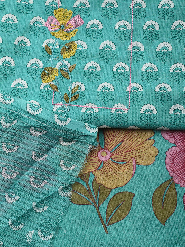 Aqua Green Printed Cotton Blend Unstitched Dress Material