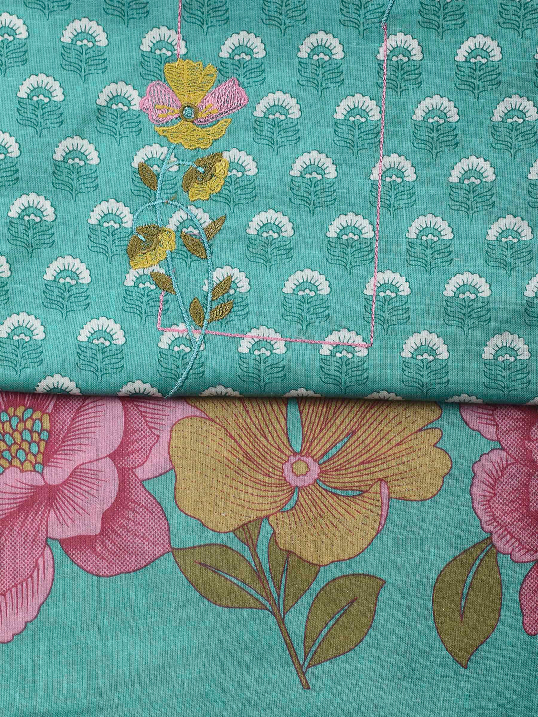 Aqua Green Printed Cotton Blend Unstitched Dress Material