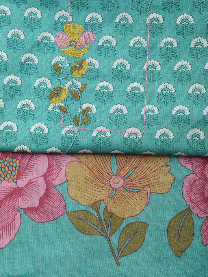 Aqua Green Printed Cotton Blend Unstitched Dress Material