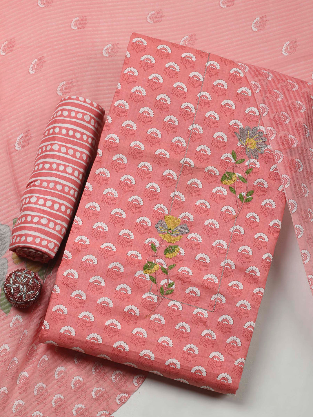 Peach Printed Cotton Blend Unstitched Dress Material