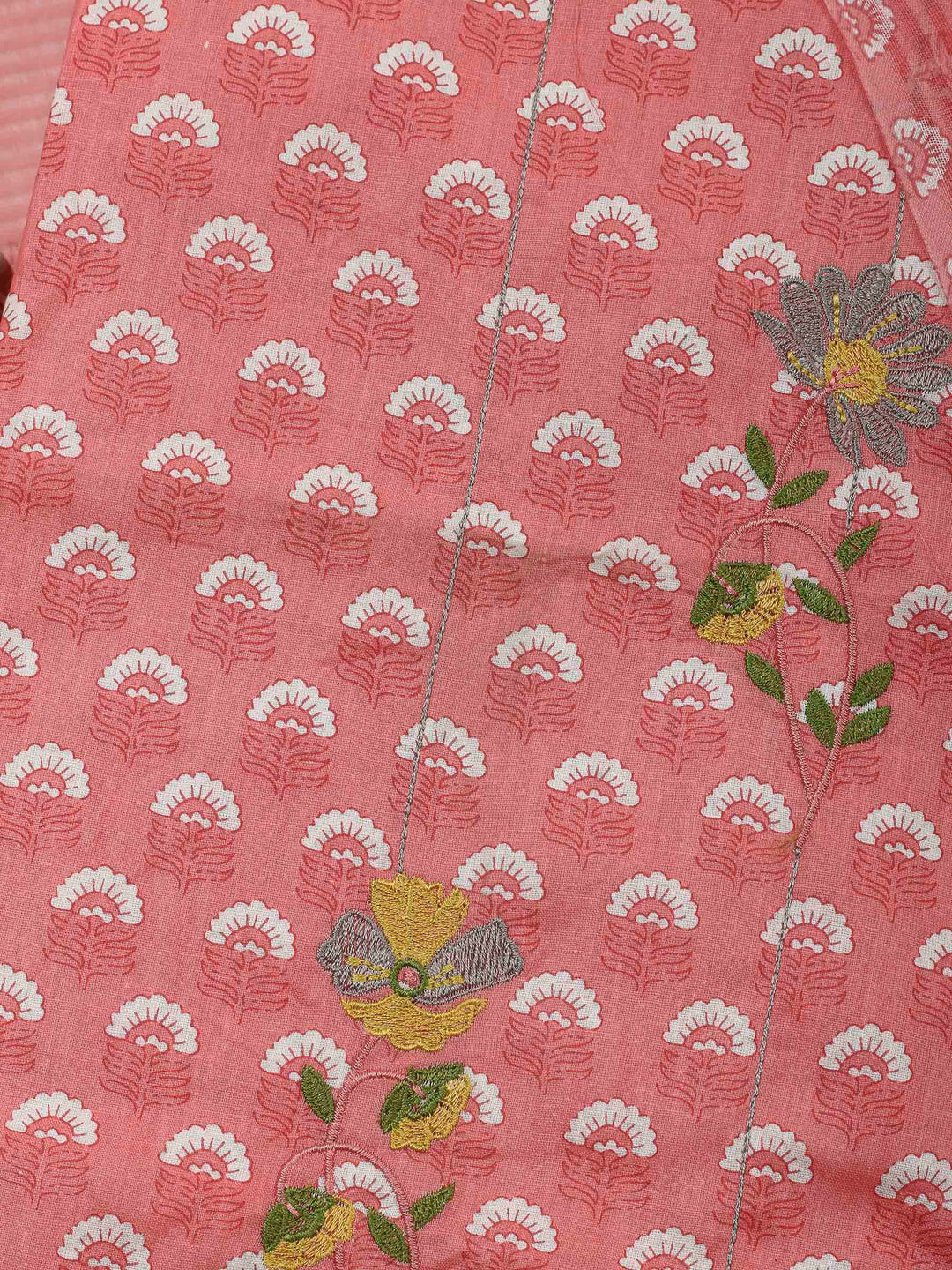 Peach Printed Cotton Blend Unstitched Dress Material