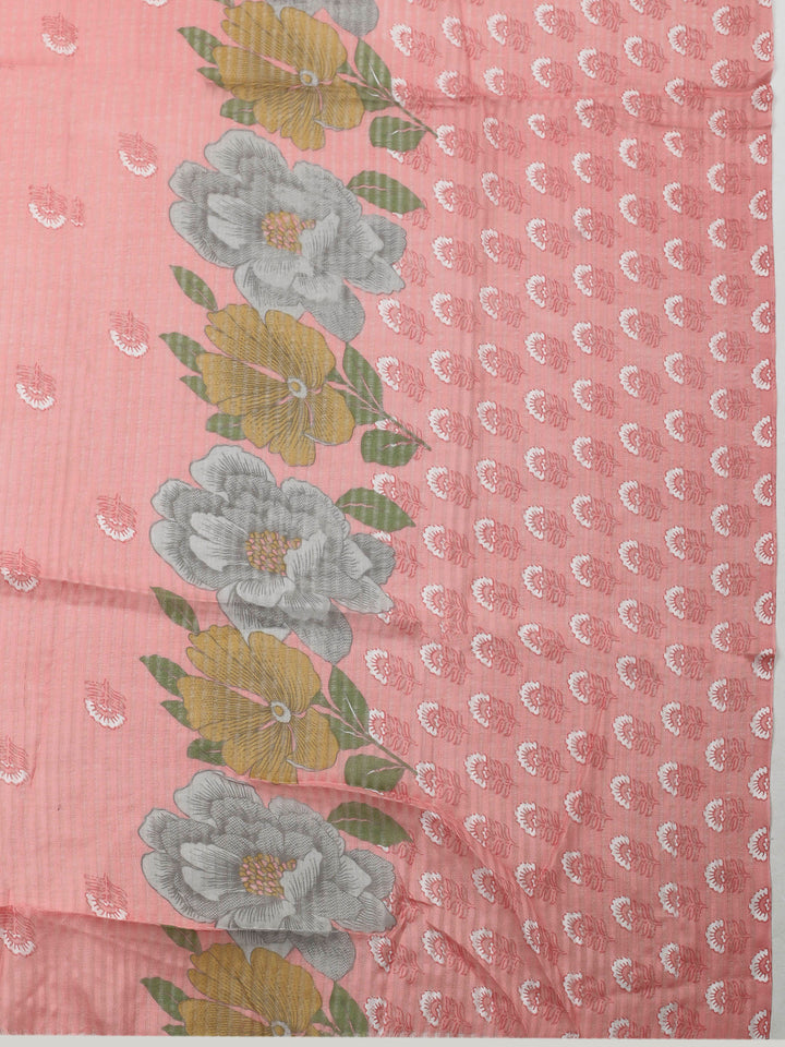 Peach Printed Cotton Blend Unstitched Dress Material