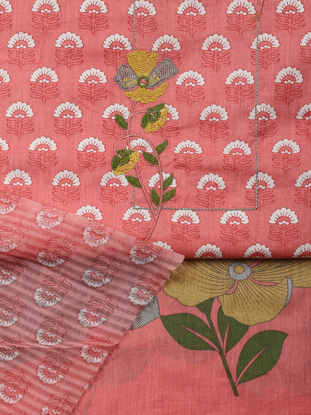 Peach Printed Cotton Blend Unstitched Dress Material