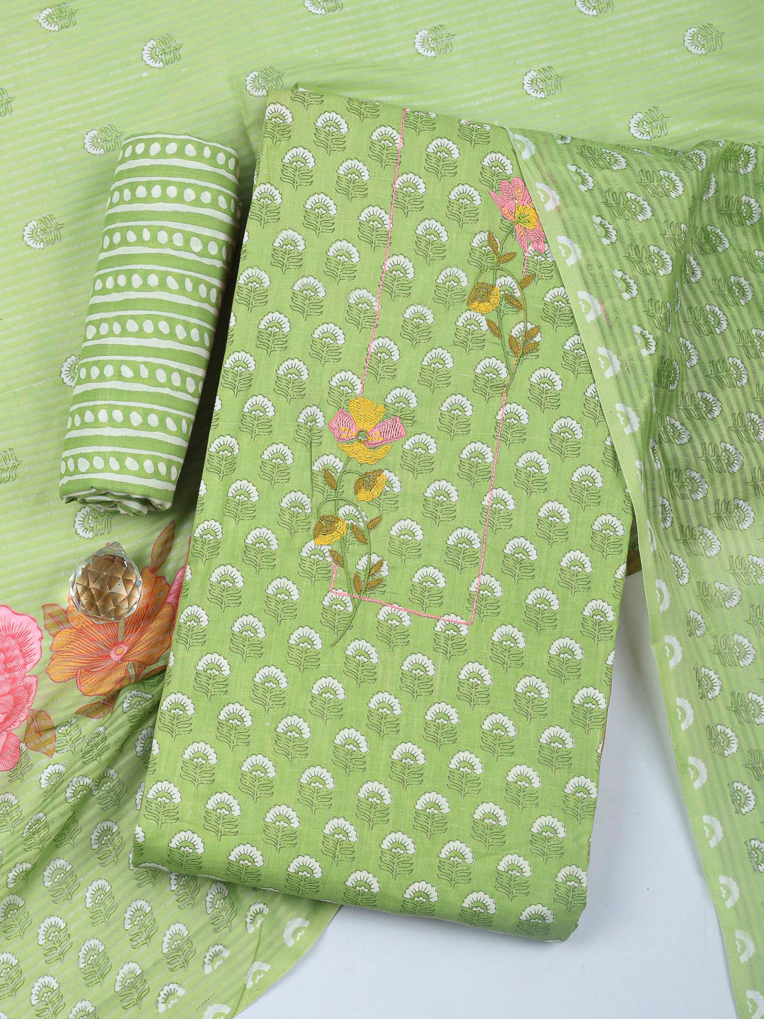 Pista Green Printed Cotton Blend Unstitched Dress Material