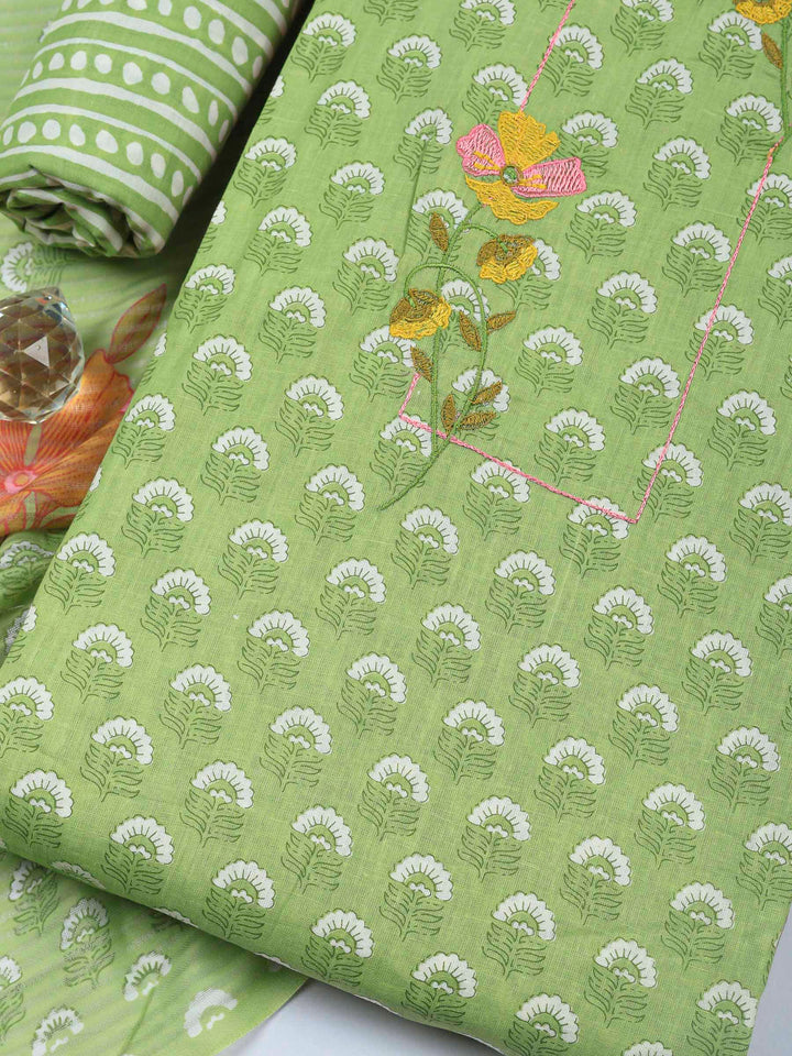 Pista Green Printed Cotton Blend Unstitched Dress Material