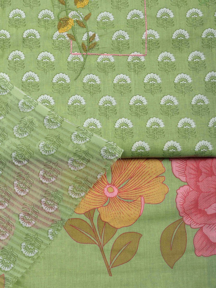 Pista Green Printed Cotton Blend Unstitched Dress Material