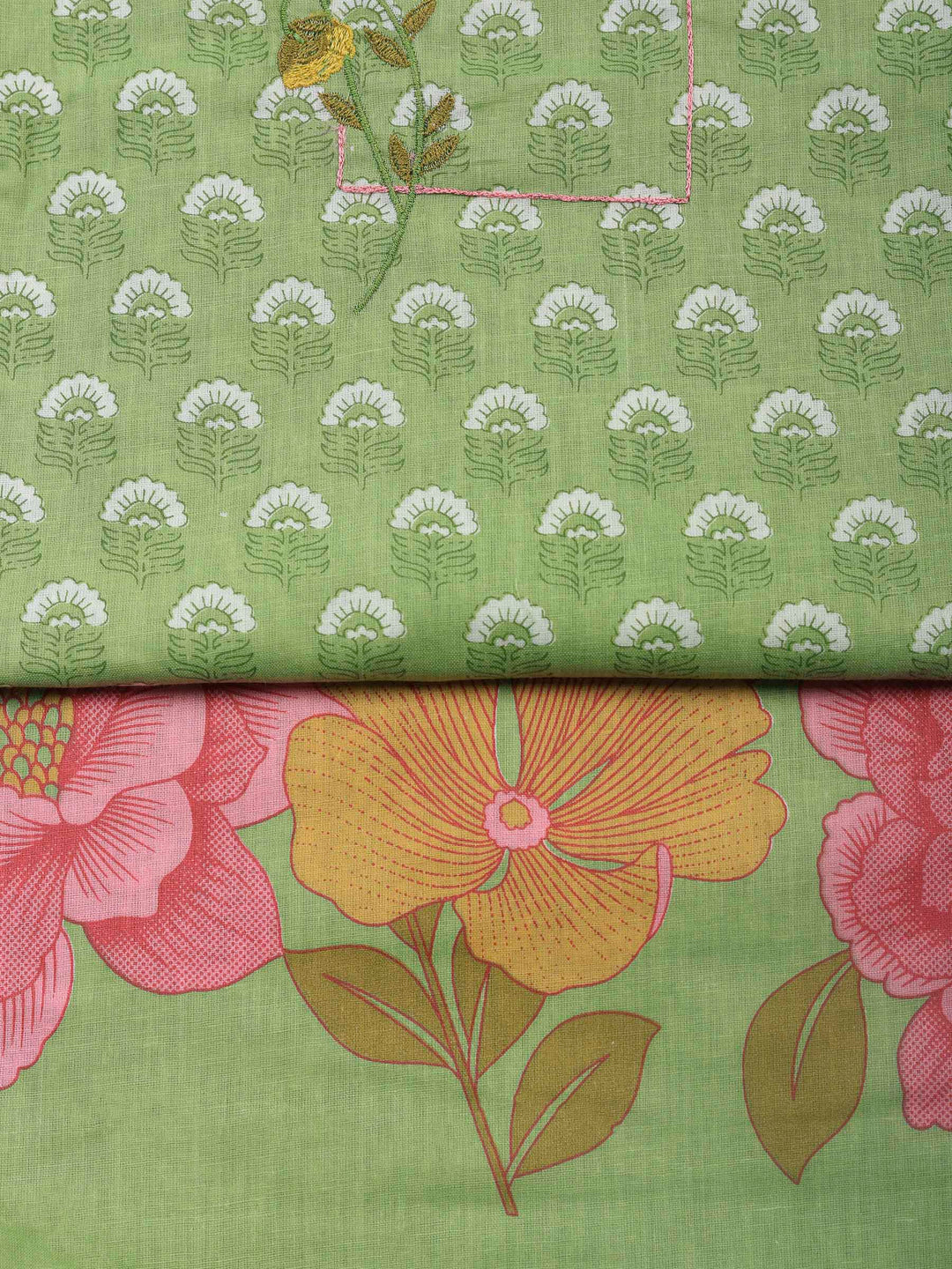 Pista Green Printed Cotton Blend Unstitched Dress Material
