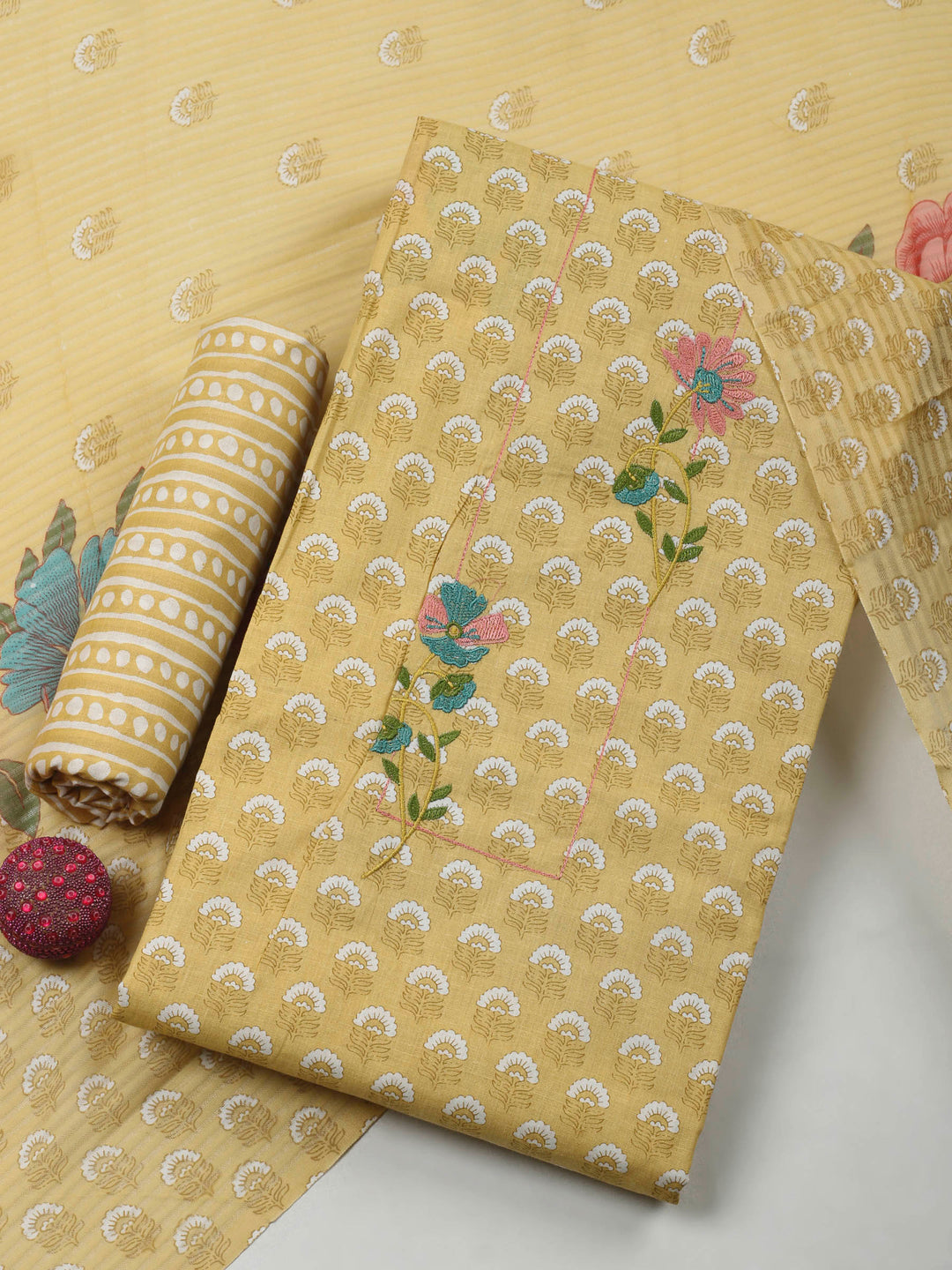 Yellow Printed Cotton Blend Unstitched Dress Material