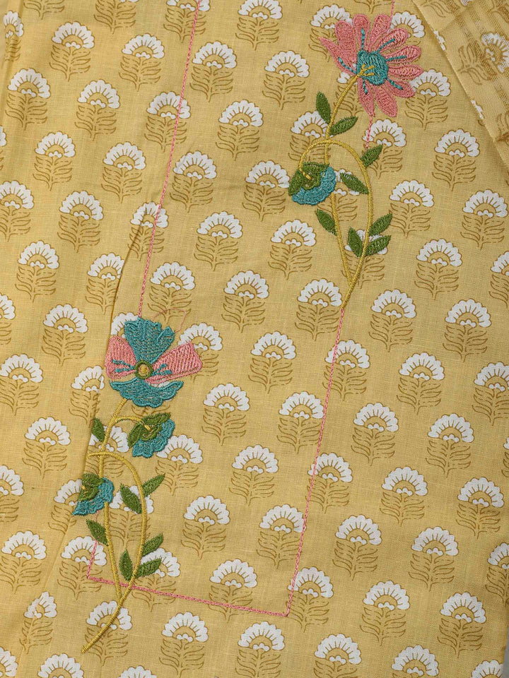 Yellow Printed Cotton Blend Unstitched Dress Material