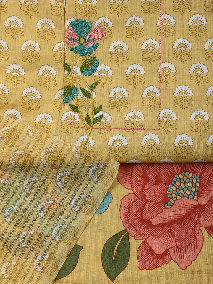 Yellow Printed Cotton Blend Unstitched Dress Material