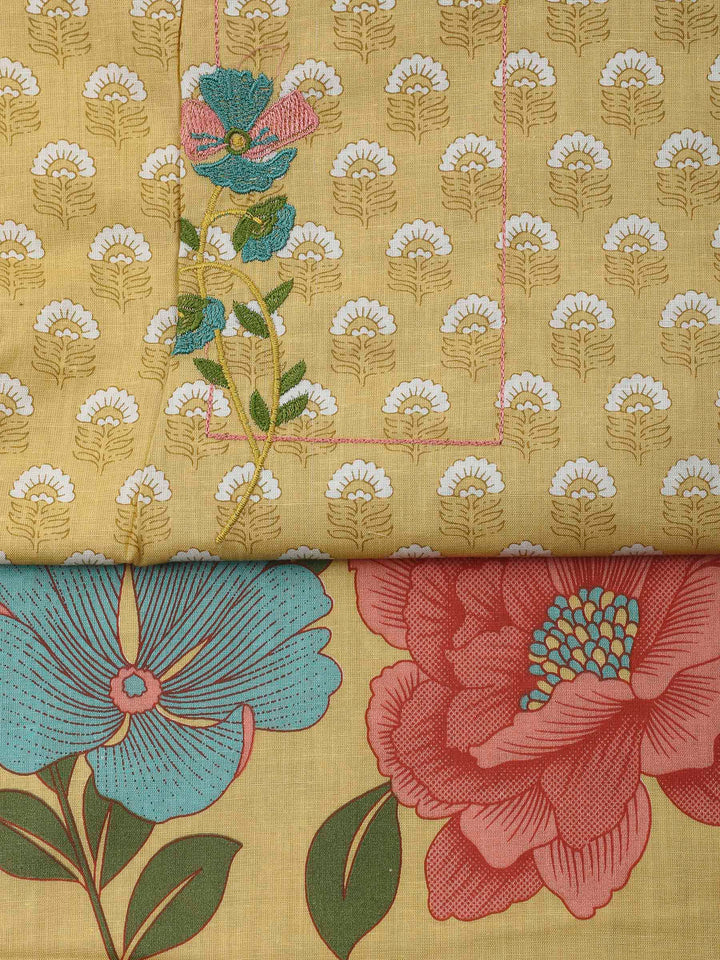 Yellow Printed Cotton Blend Unstitched Dress Material
