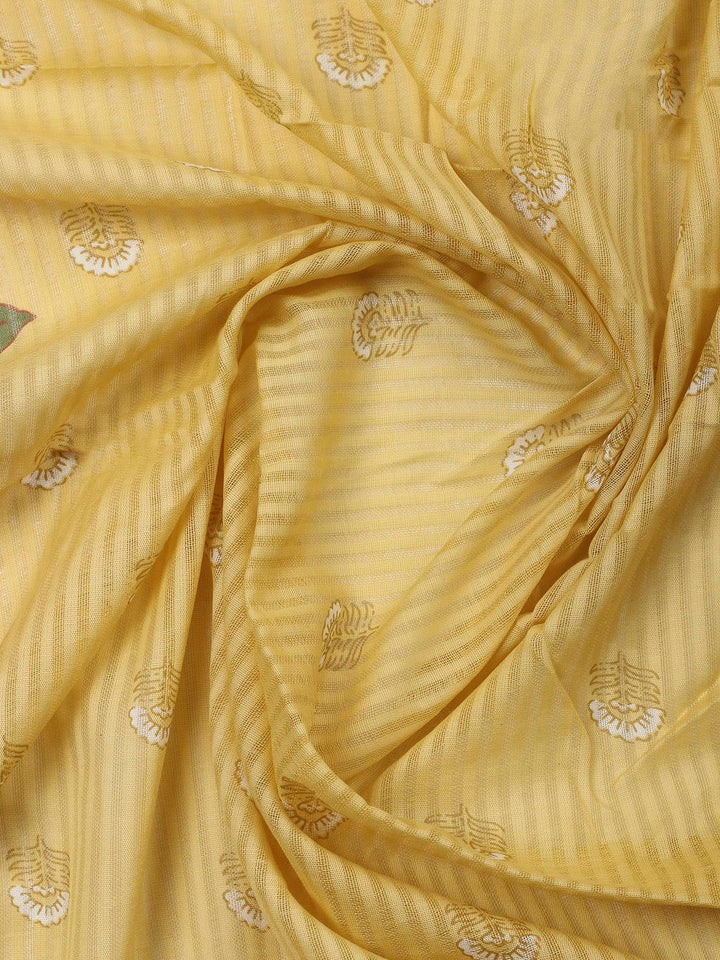 Yellow Printed Cotton Blend Unstitched Dress Material