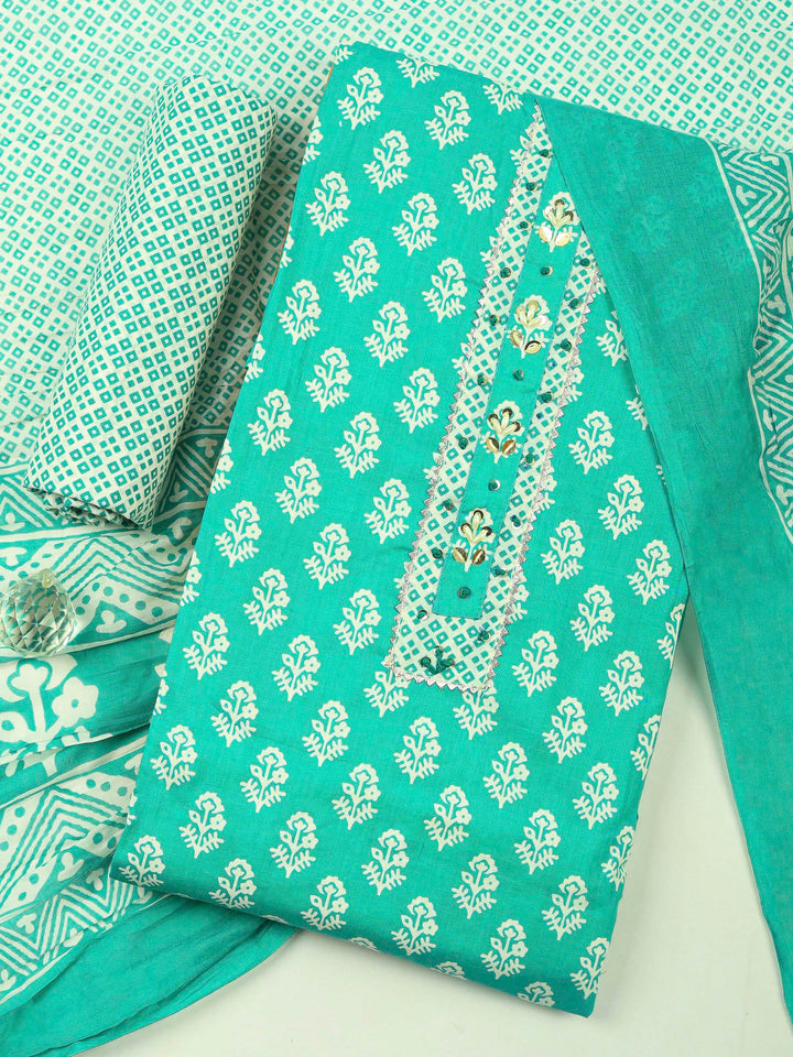 Aqua Green Printed Cotton Blend Unstitched Dress Material