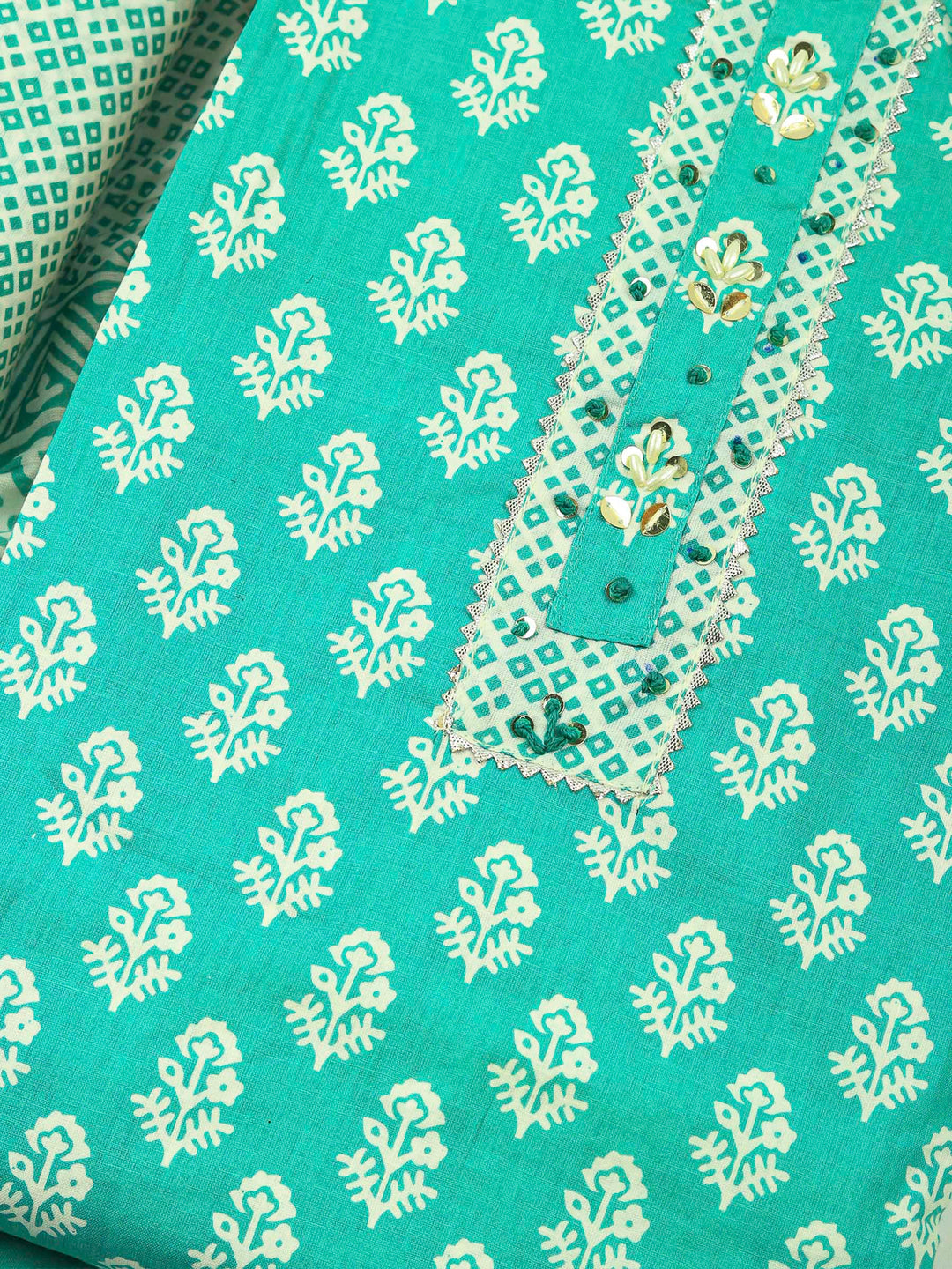 Aqua Green Printed Cotton Blend Unstitched Dress Material