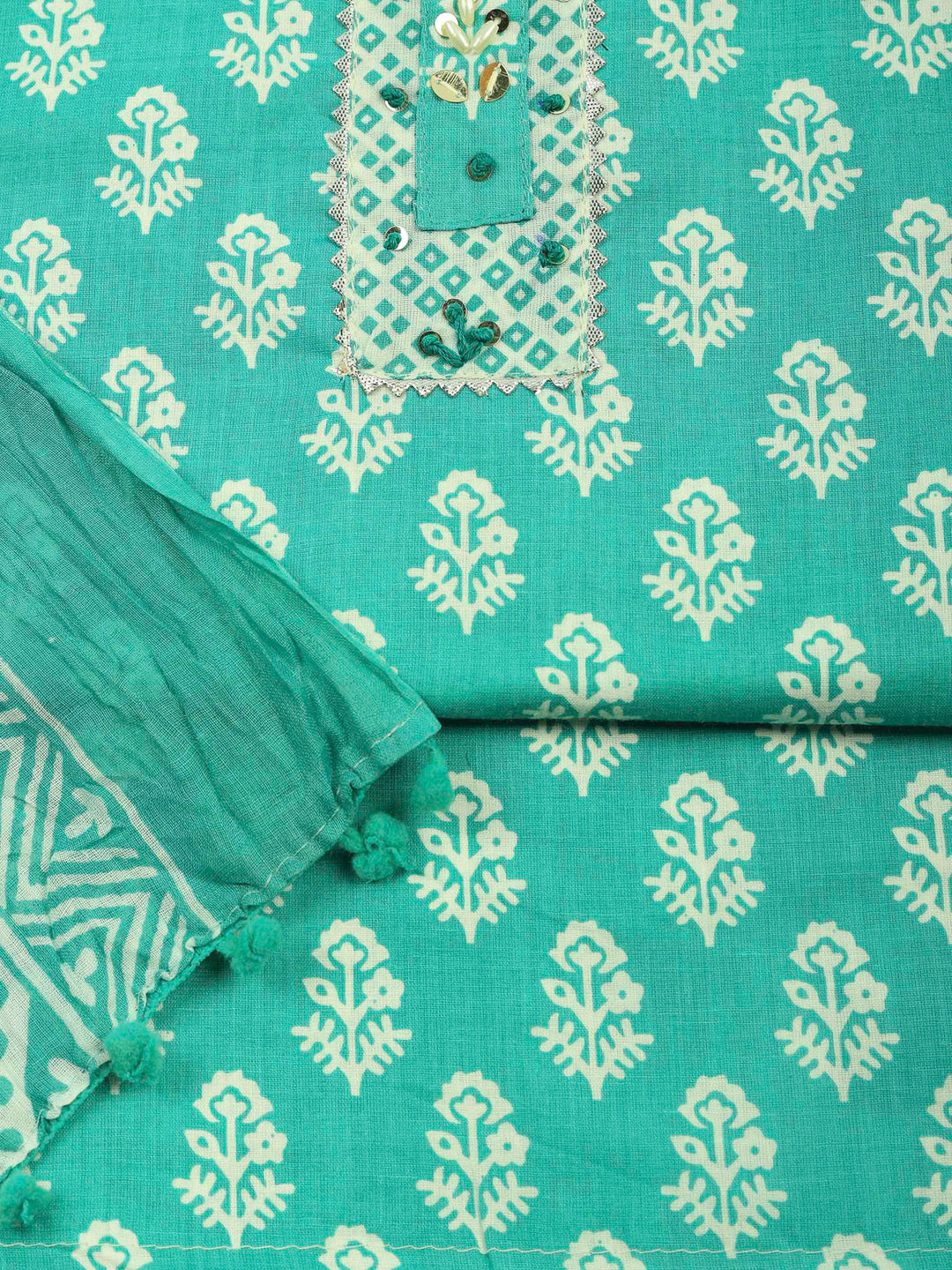 Aqua Green Printed Cotton Blend Unstitched Dress Material