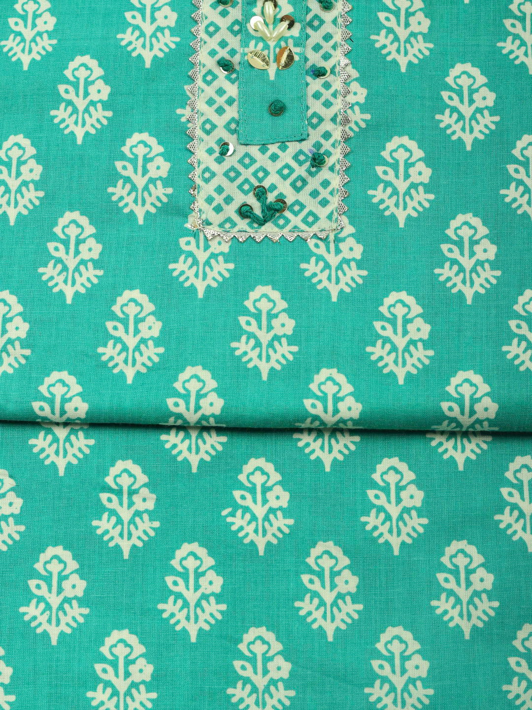 Aqua Green Printed Cotton Blend Unstitched Dress Material