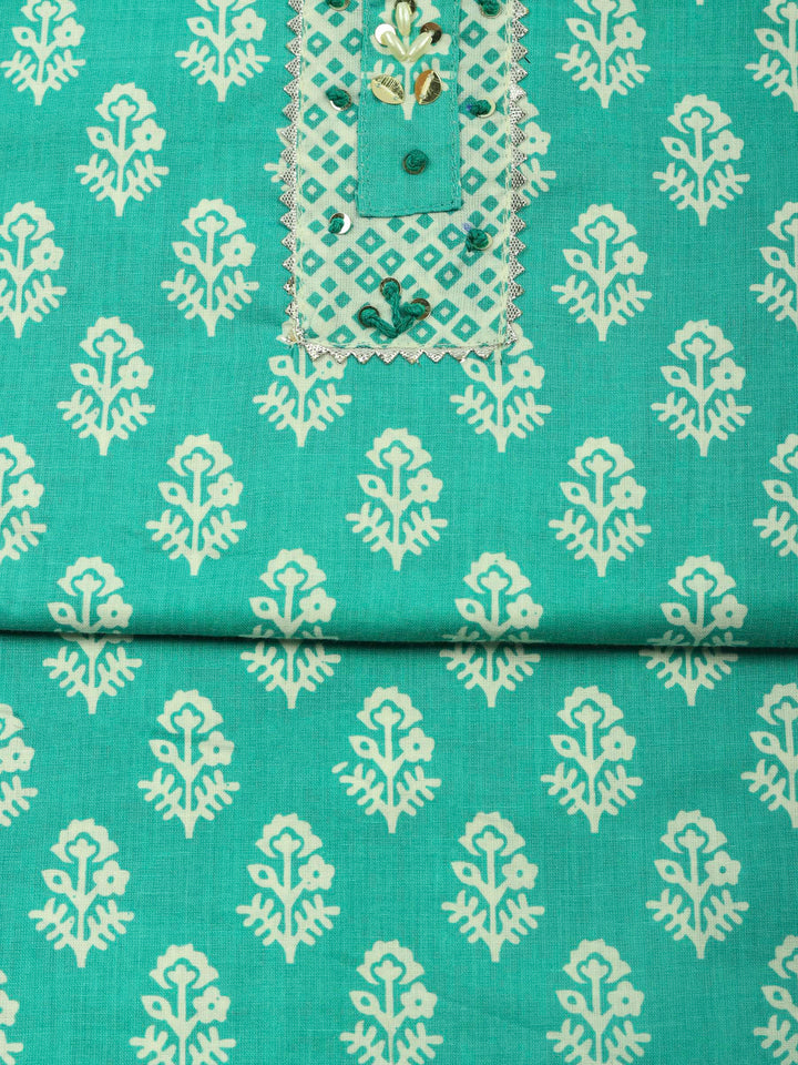 Aqua Green Printed Cotton Blend Unstitched Dress Material