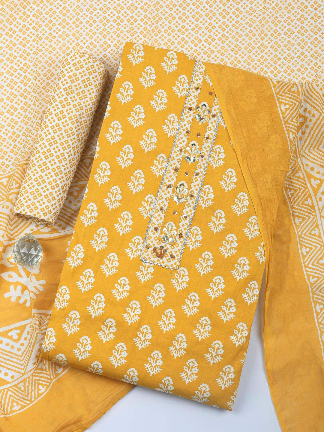Mustard Printed Cotton Blend Unstitched Dress Material