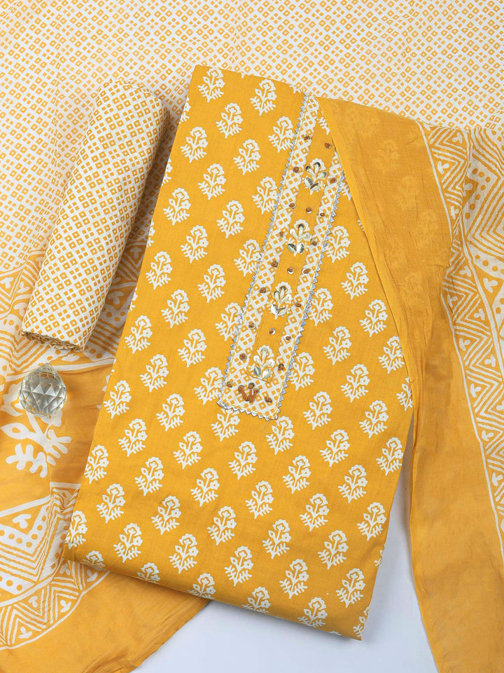 Mustard Printed Cotton Blend Unstitched Dress Material
