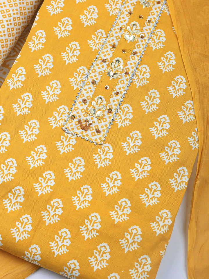 Mustard Printed Cotton Blend Unstitched Dress Material