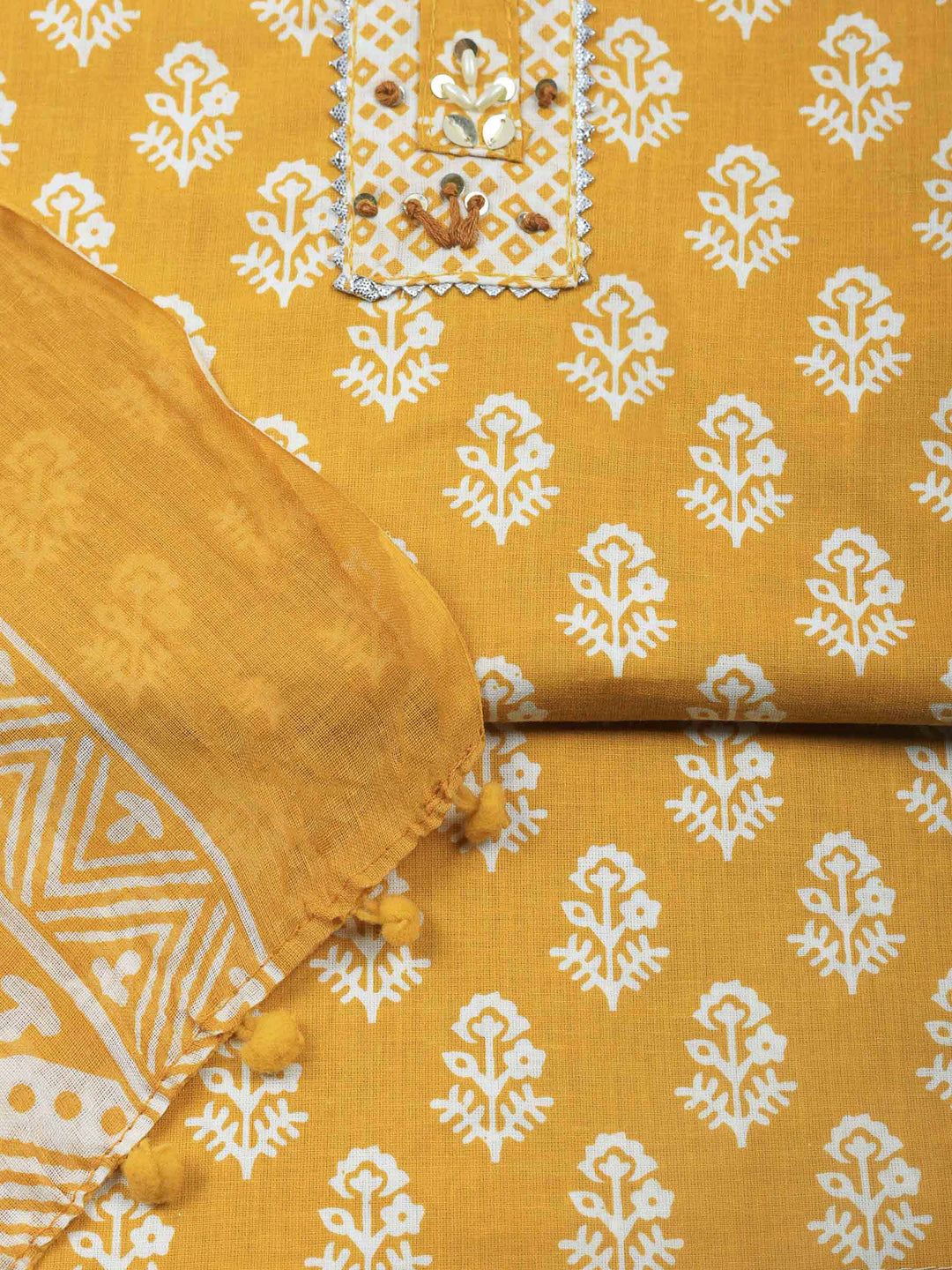 Mustard Printed Cotton Blend Unstitched Dress Material