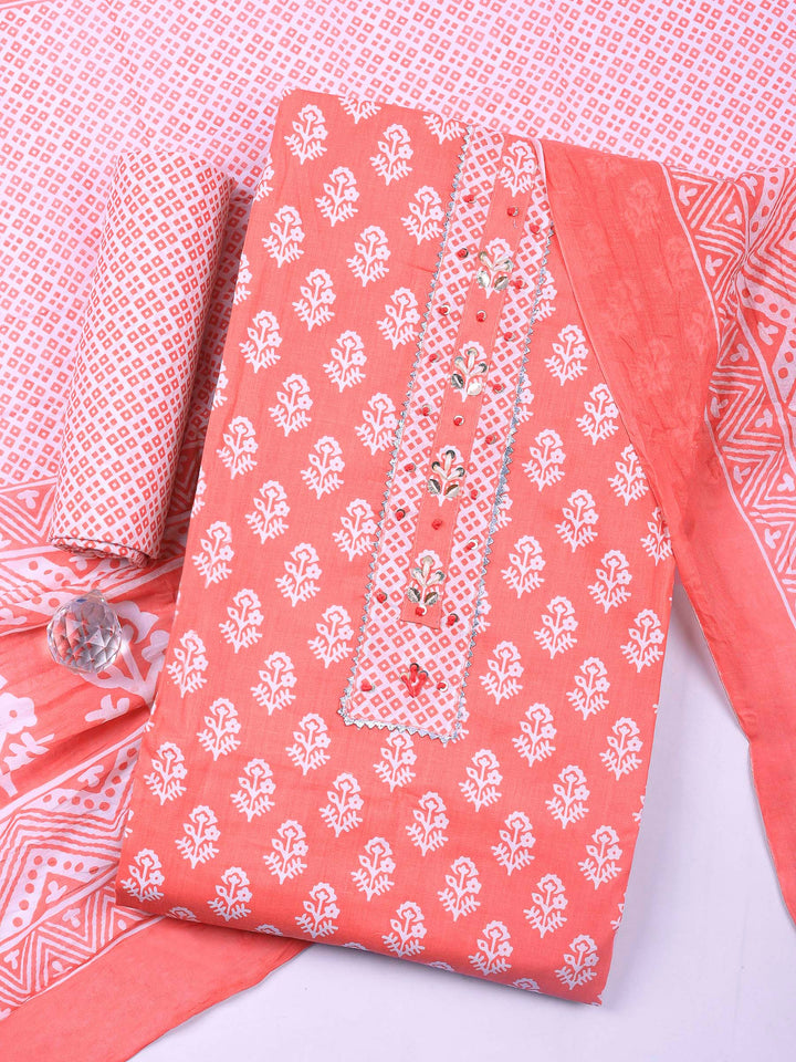 Pink Printed Cotton Blend Unstitched Dress Material