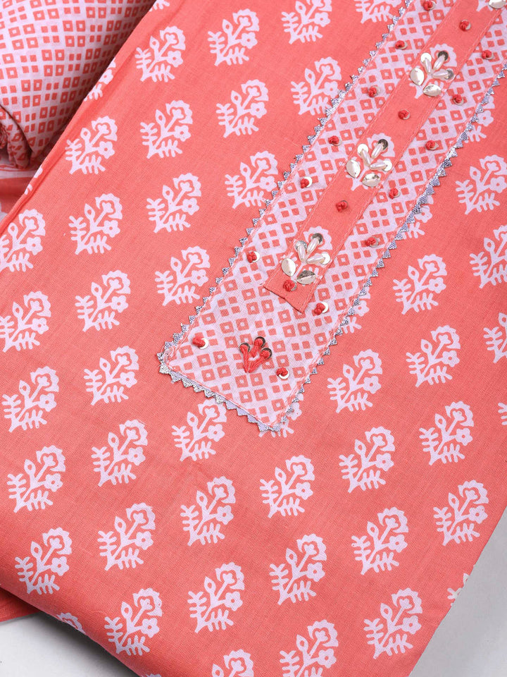 Pink Printed Cotton Blend Unstitched Dress Material