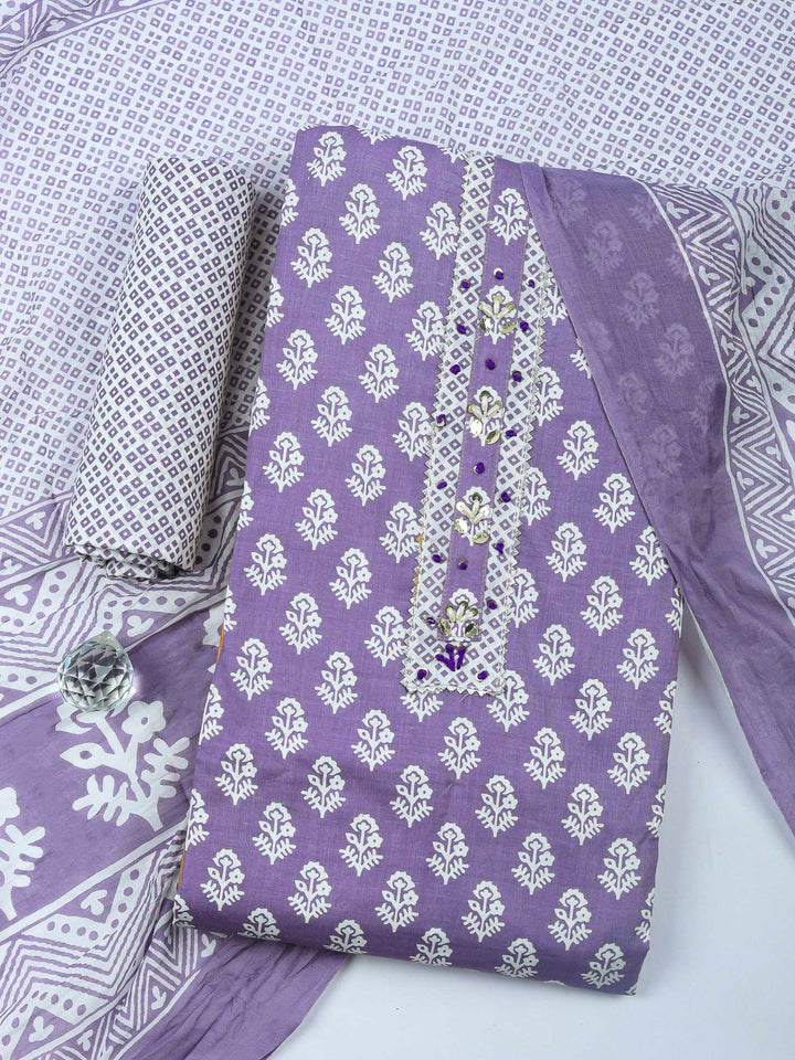 Purple Printed Cotton Blend Unstitched Dress Material