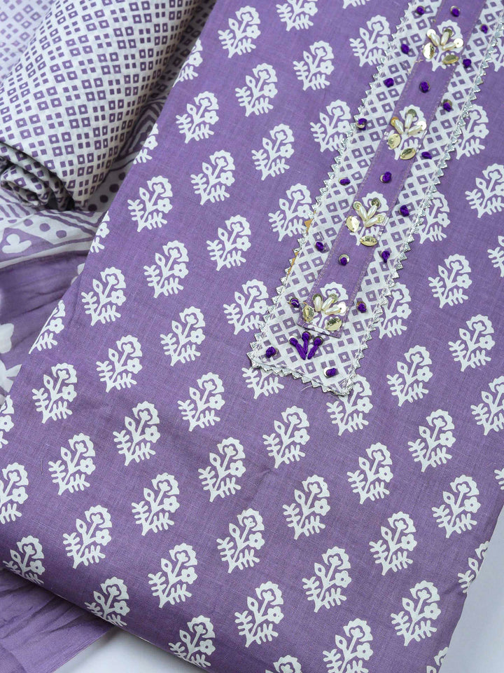 Purple Printed Cotton Blend Unstitched Dress Material