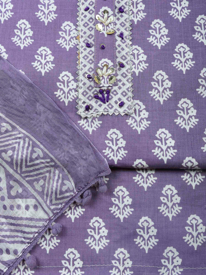 Purple Printed Cotton Blend Unstitched Dress Material