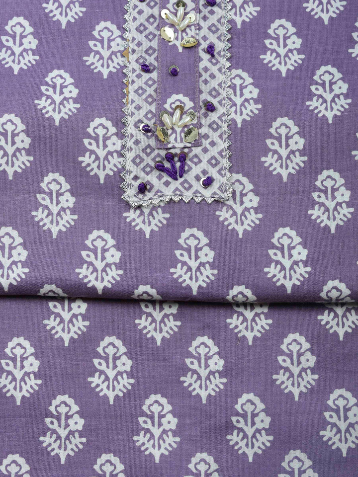 Purple Printed Cotton Blend Unstitched Dress Material