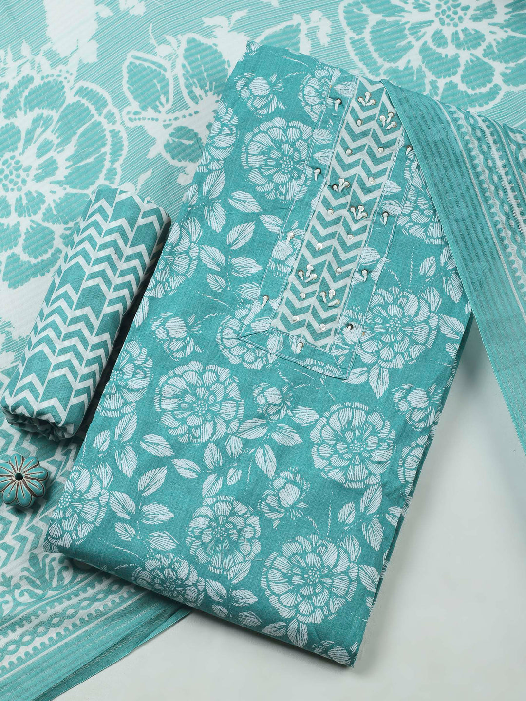 Aqua Green Printed Cotton Blend Unstitched Dress Material