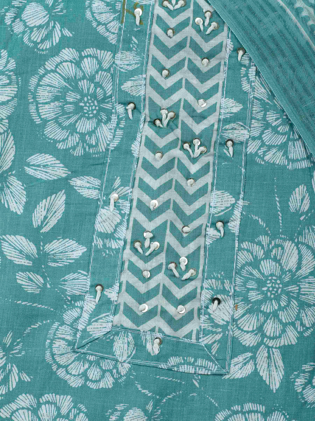 Aqua Green Printed Cotton Blend Unstitched Dress Material
