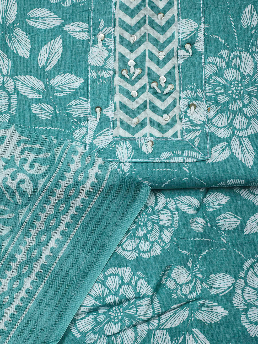 Aqua Green Printed Cotton Blend Unstitched Dress Material