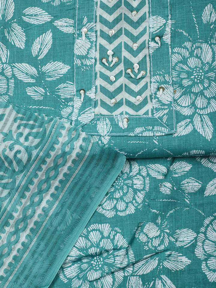 Aqua Green Printed Cotton Blend Unstitched Dress Material