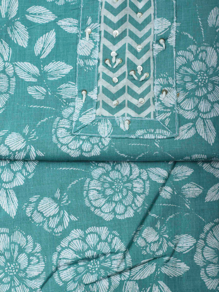 Aqua Green Printed Cotton Blend Unstitched Dress Material