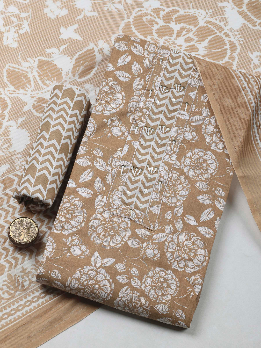 Beige Printed Cotton Blend Unstitched Dress Material