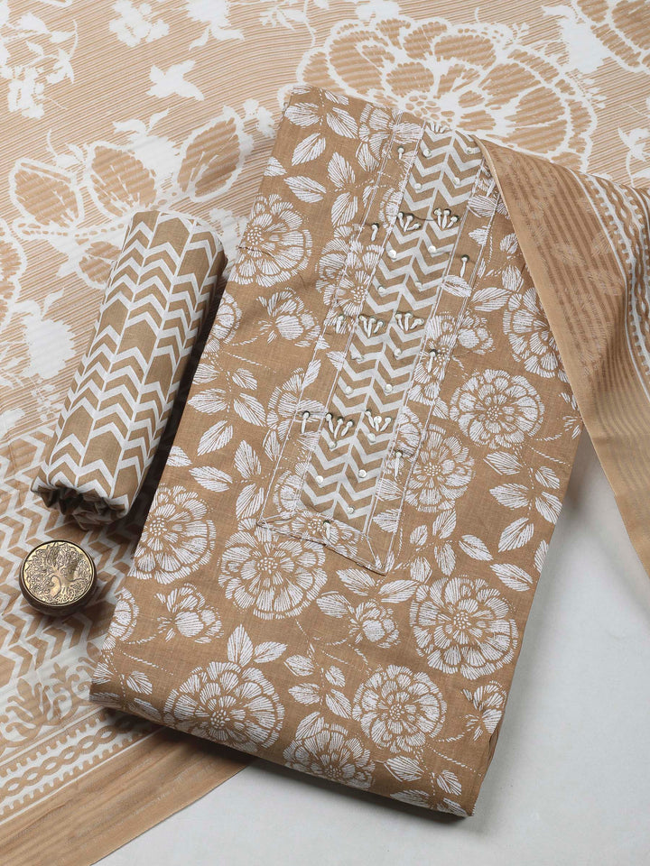 Beige Printed Cotton Blend Unstitched Dress Material