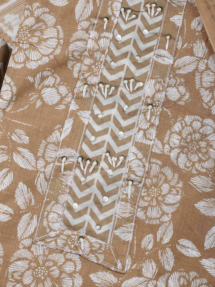 Beige Printed Cotton Blend Unstitched Dress Material