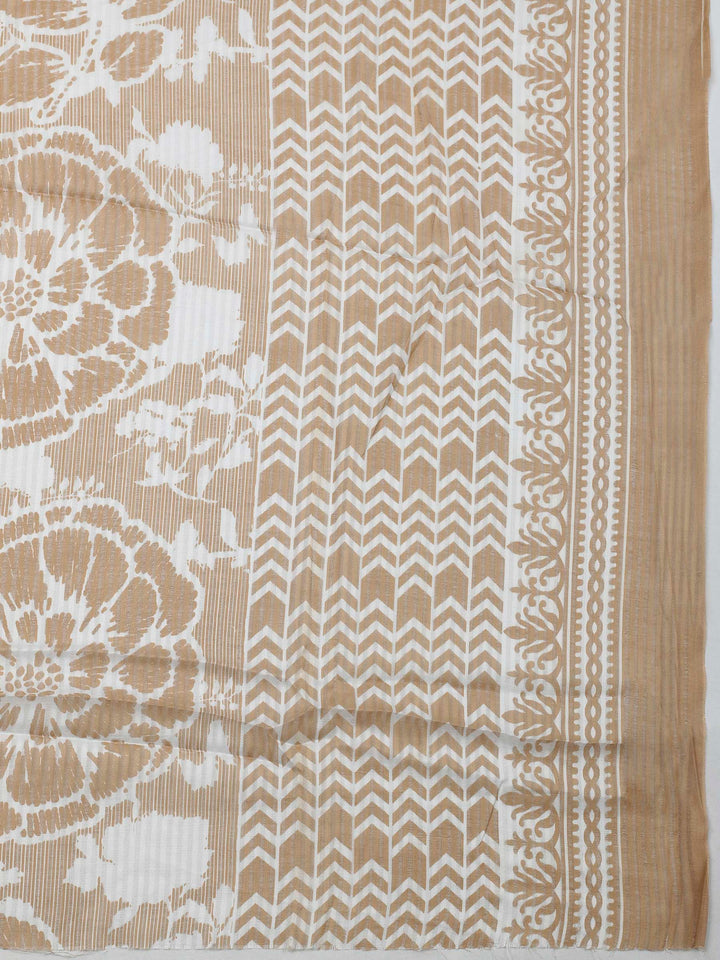 Beige Printed Cotton Blend Unstitched Dress Material
