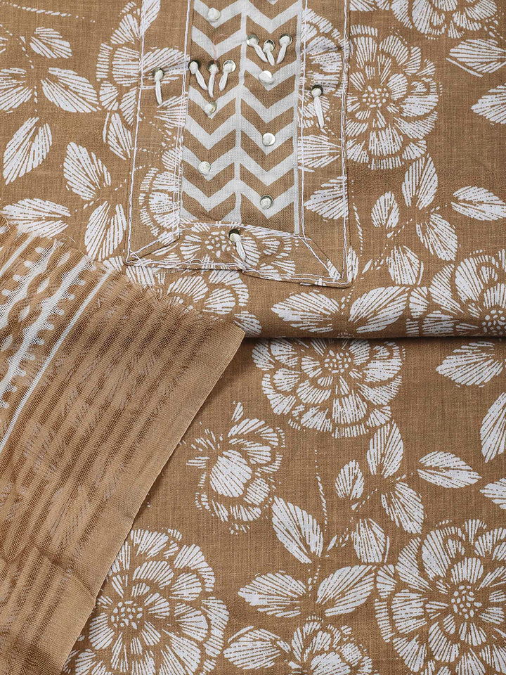Beige Printed Cotton Blend Unstitched Dress Material