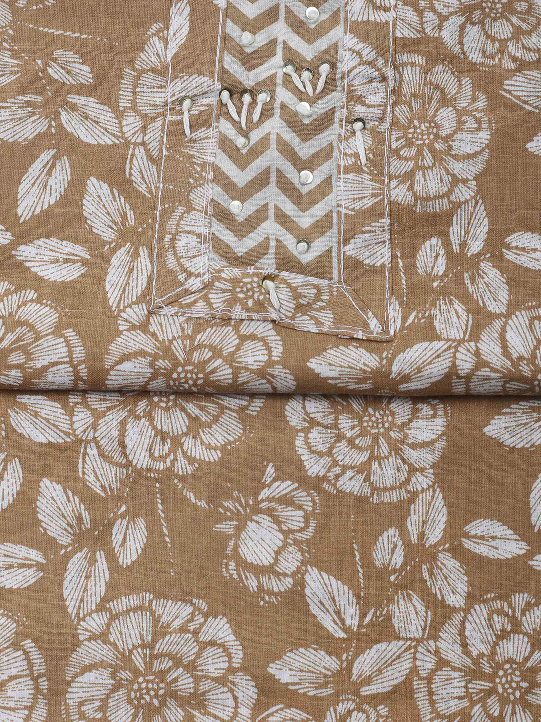 Beige Printed Cotton Blend Unstitched Dress Material