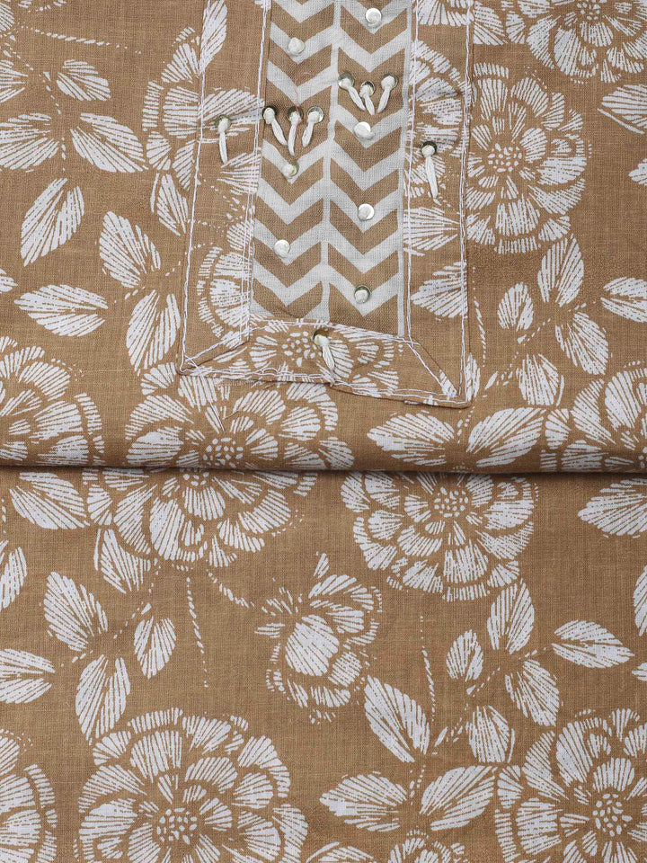 Beige Printed Cotton Blend Unstitched Dress Material