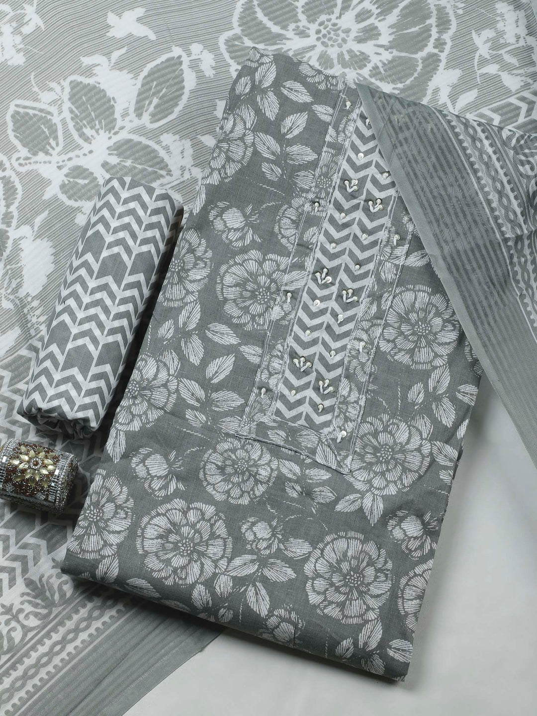 Grey Printed Cotton Blend Unstitched Dress Material